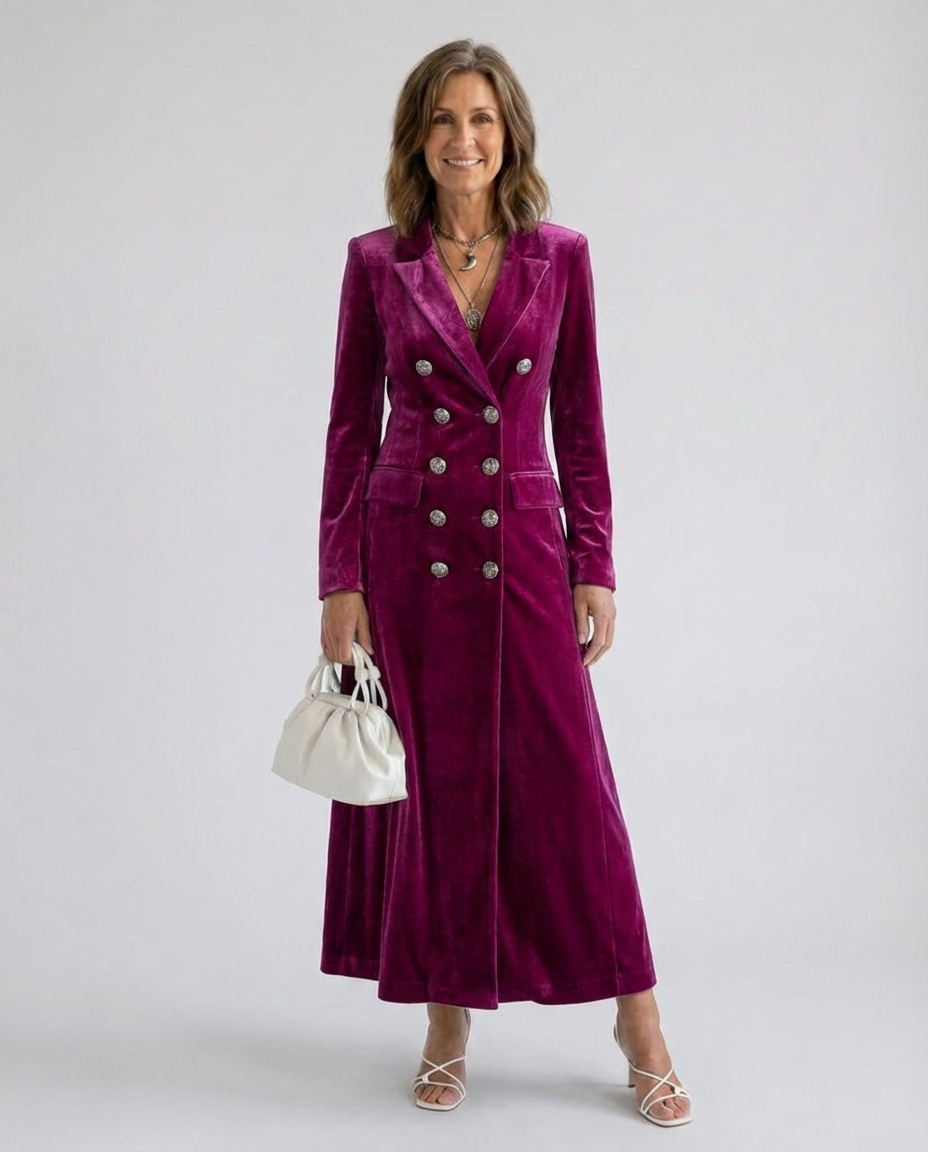 Velvet Double Breasted Peak Lapel Longline Coat