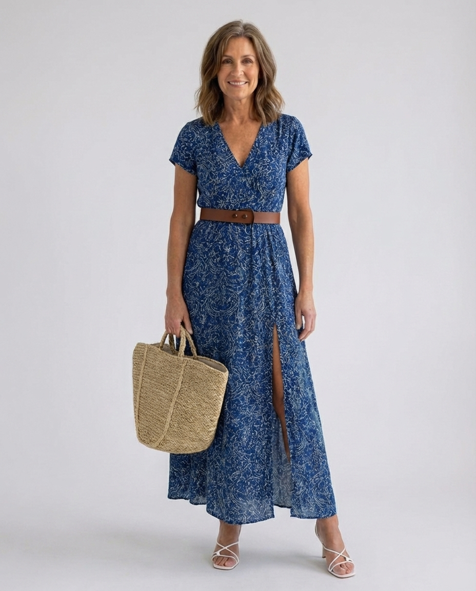 Paisley Print V-Neck Short Sleeve Belted Split Maxi Dress