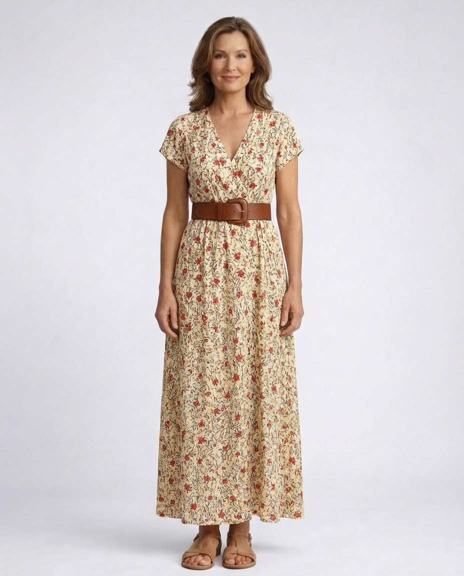 Floral V-Neck Short Sleeve Belted Maxi Dress