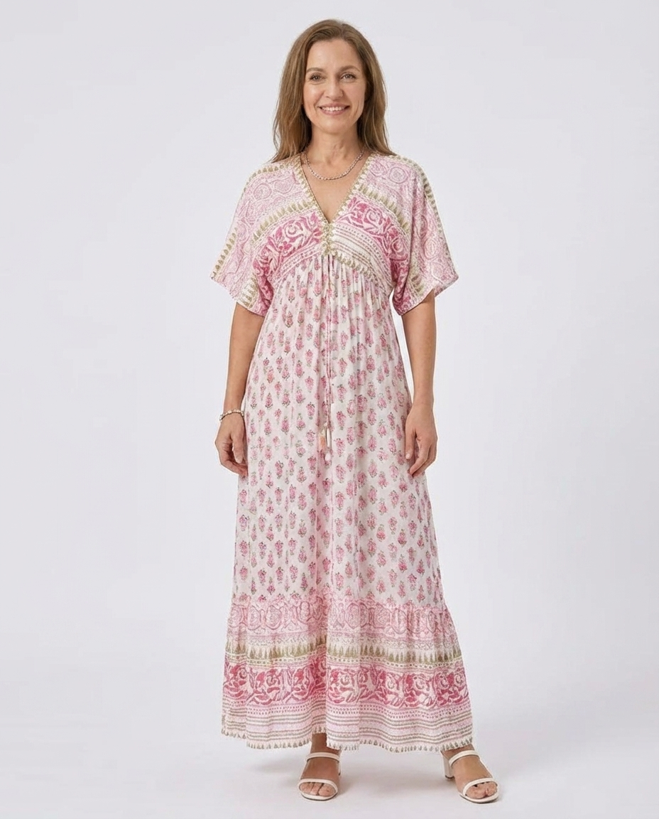 Boho Print Deep V-Neck Tie Front Flutter Sleeve Maxi Dress