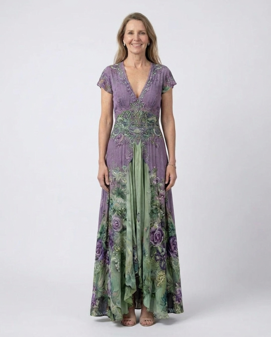 V-Neck Short Sleeve Floral Embellished Waist Maxi Dress
