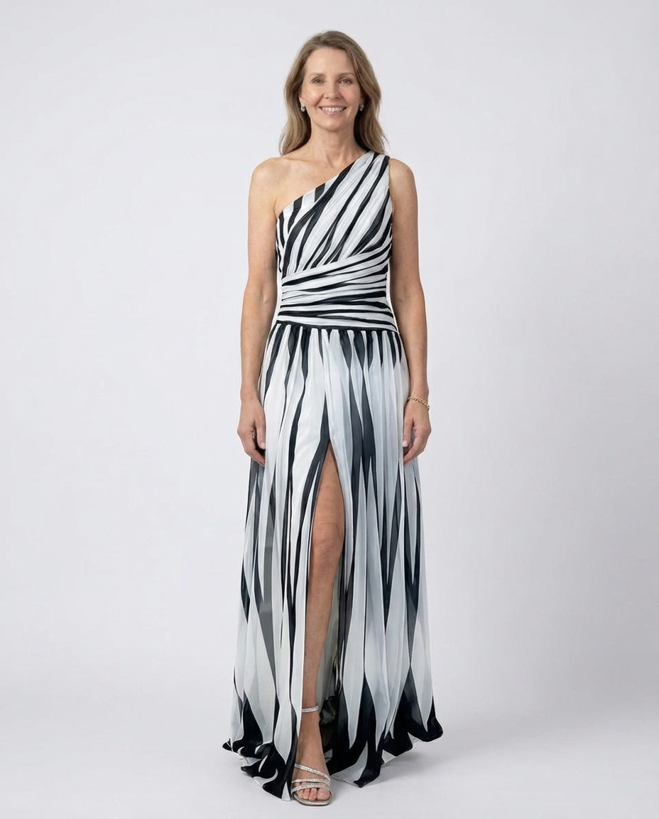 Abstract Print One Shoulder High Split Maxi Gown