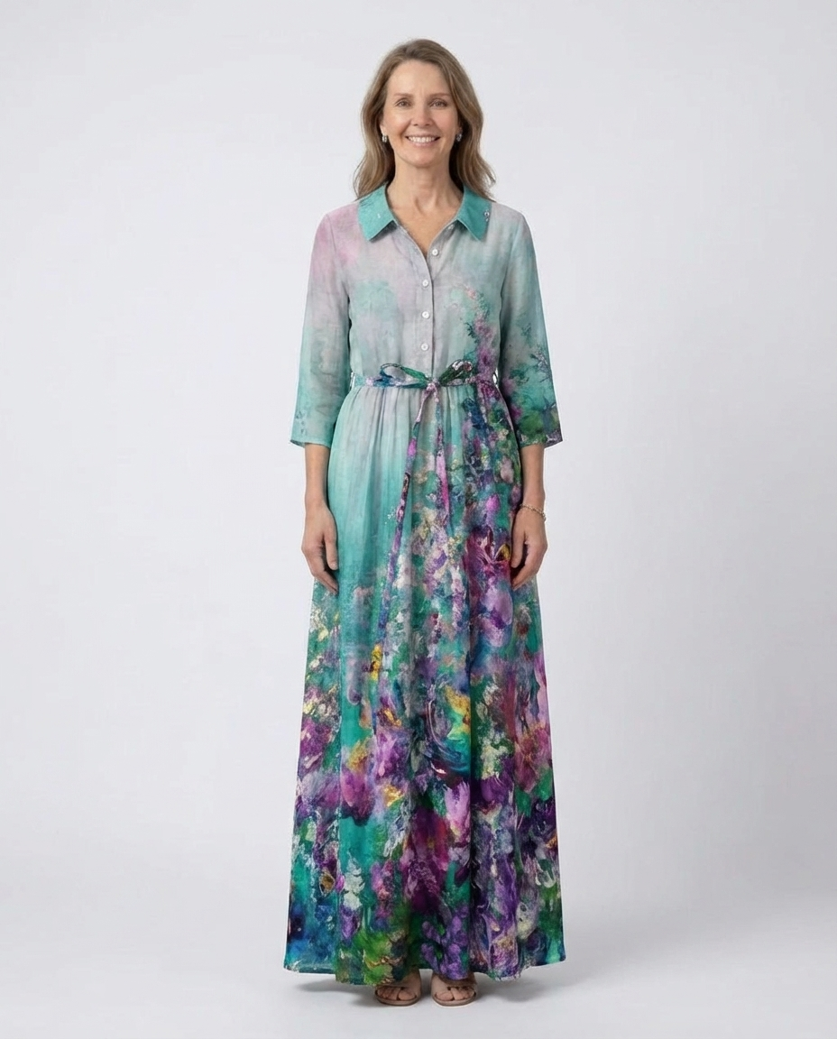 Floral Print Collared Button Front Belted Maxi Shirt Dress