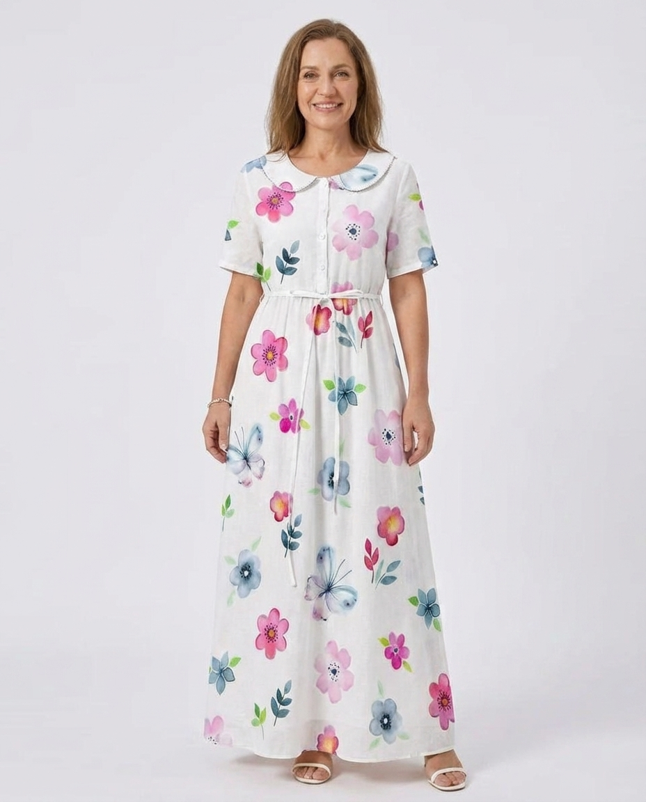 Floral Print Peter Pan Collar Short Sleeve Belted Maxi Dress