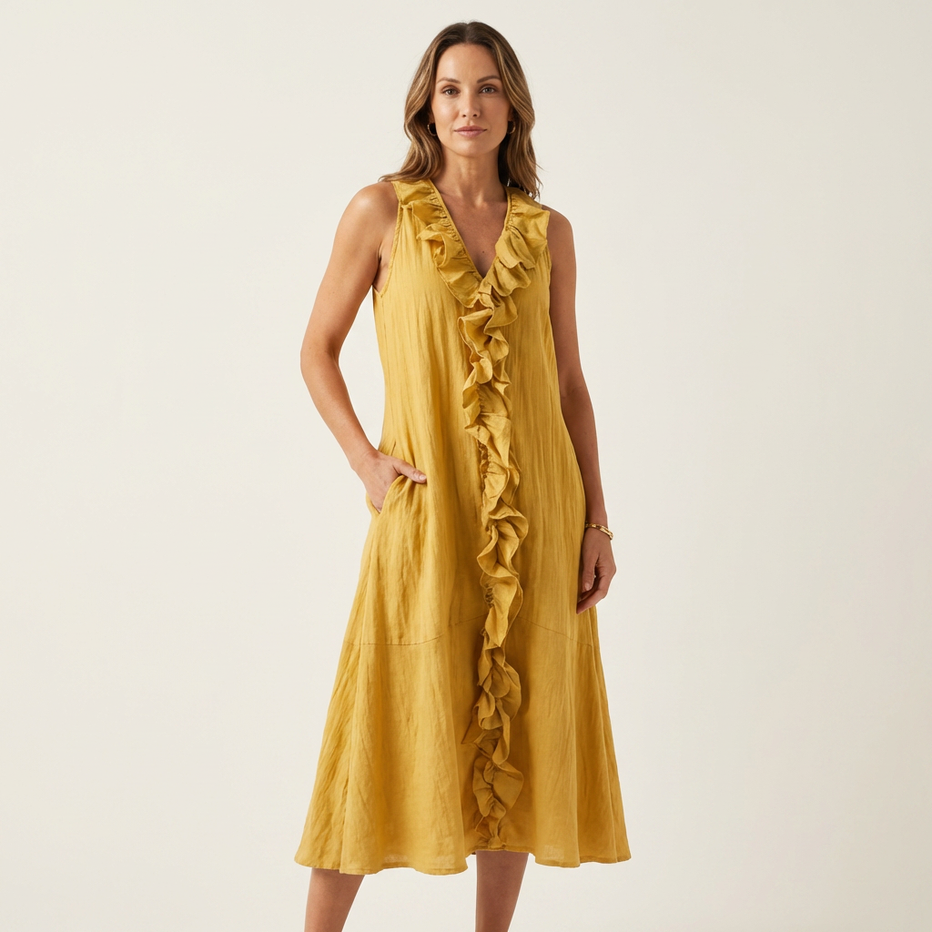 Ruffle Front V-Neck Sleeveless A-Line Maxi Dress