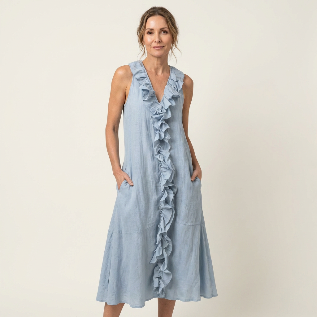 Ruffle Front V-Neck Sleeveless A-Line Maxi Dress