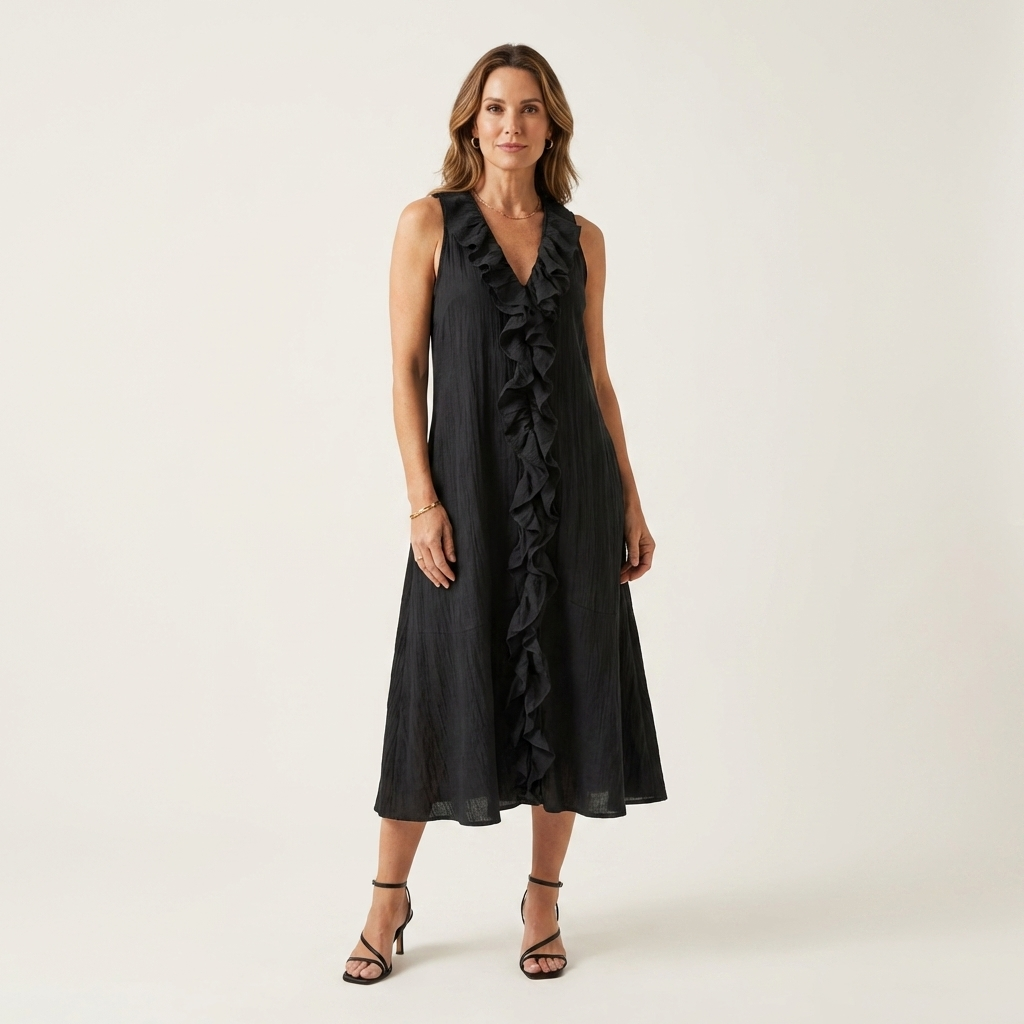 Ruffle Front V-Neck Sleeveless A-Line Maxi Dress