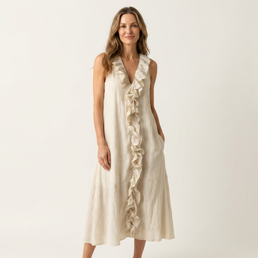 Ruffle Front V-Neck Sleeveless A-Line Maxi Dress