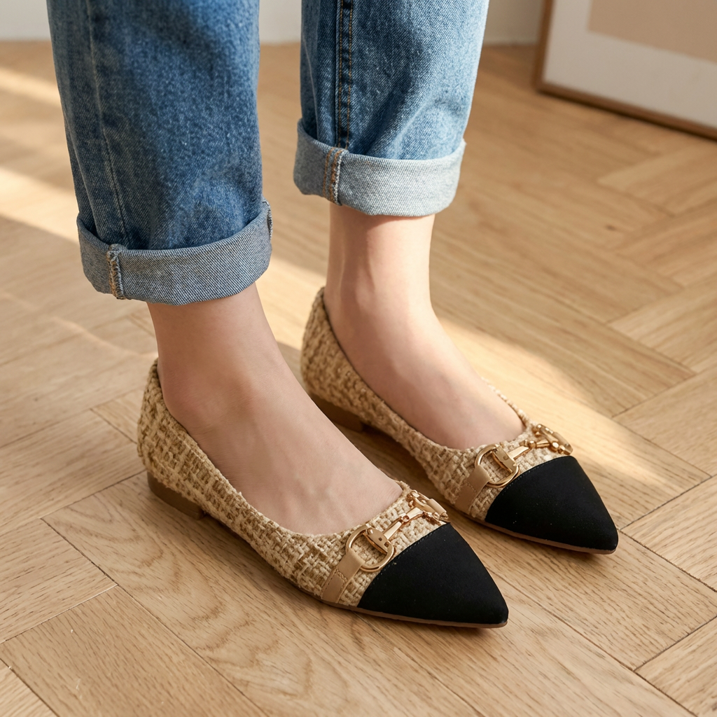 Pointed Toe Cap Toe Buckle Tweed Flats