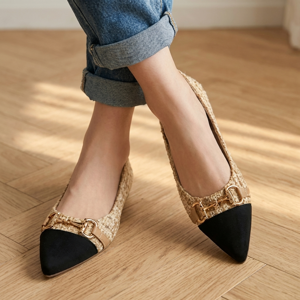 Pointed Cap Toe Metal Buckle Tweed Flats