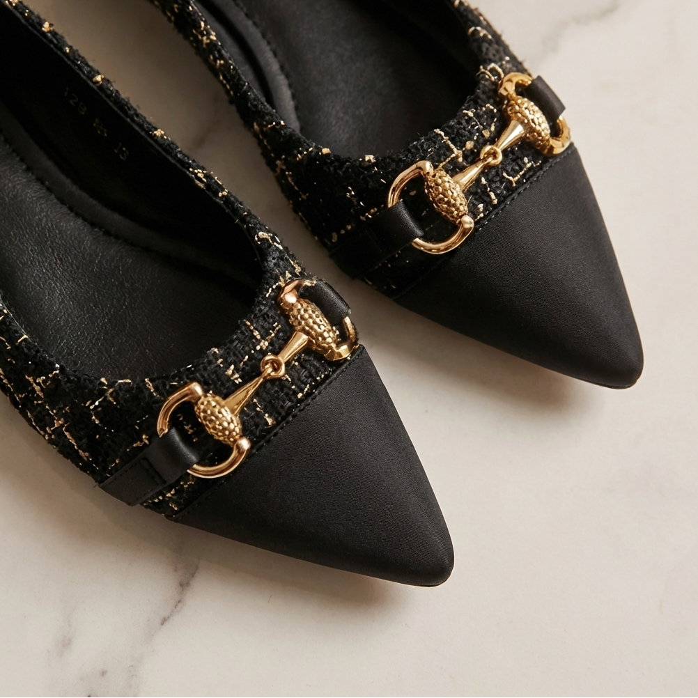 Pointed Cap Toe Metal Buckle Tweed Flats