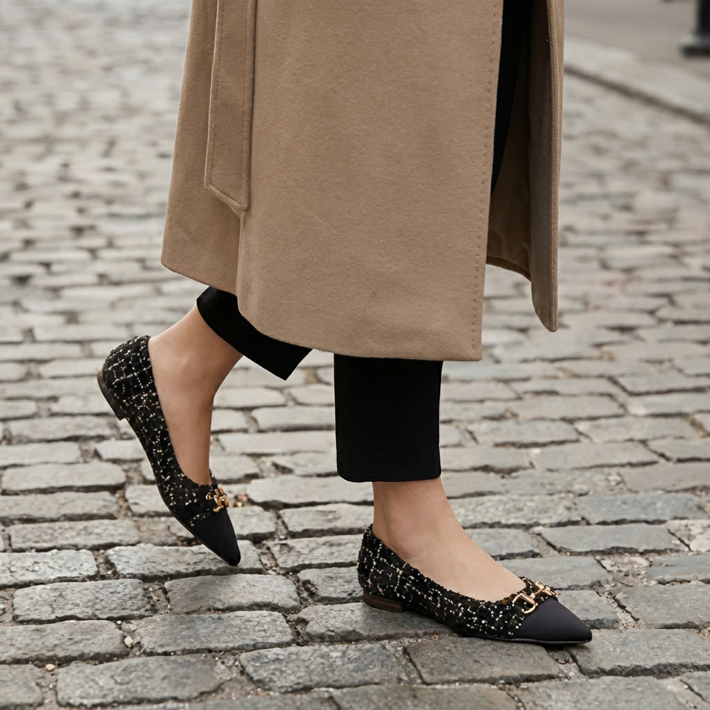Pointed Cap Toe Metal Buckle Tweed Flats