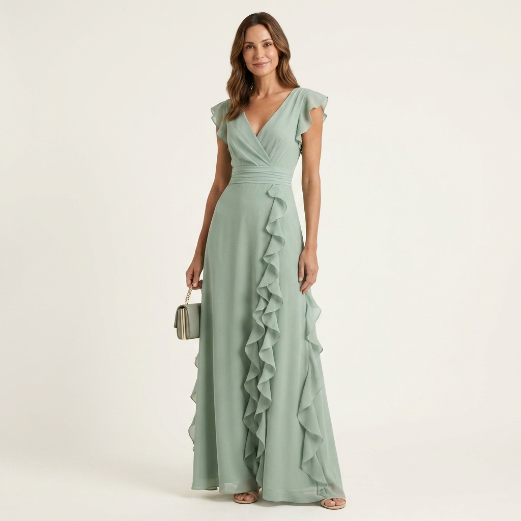 Wrap V-Neck Flutter Sleeve Cascading Ruffle Maxi Dress