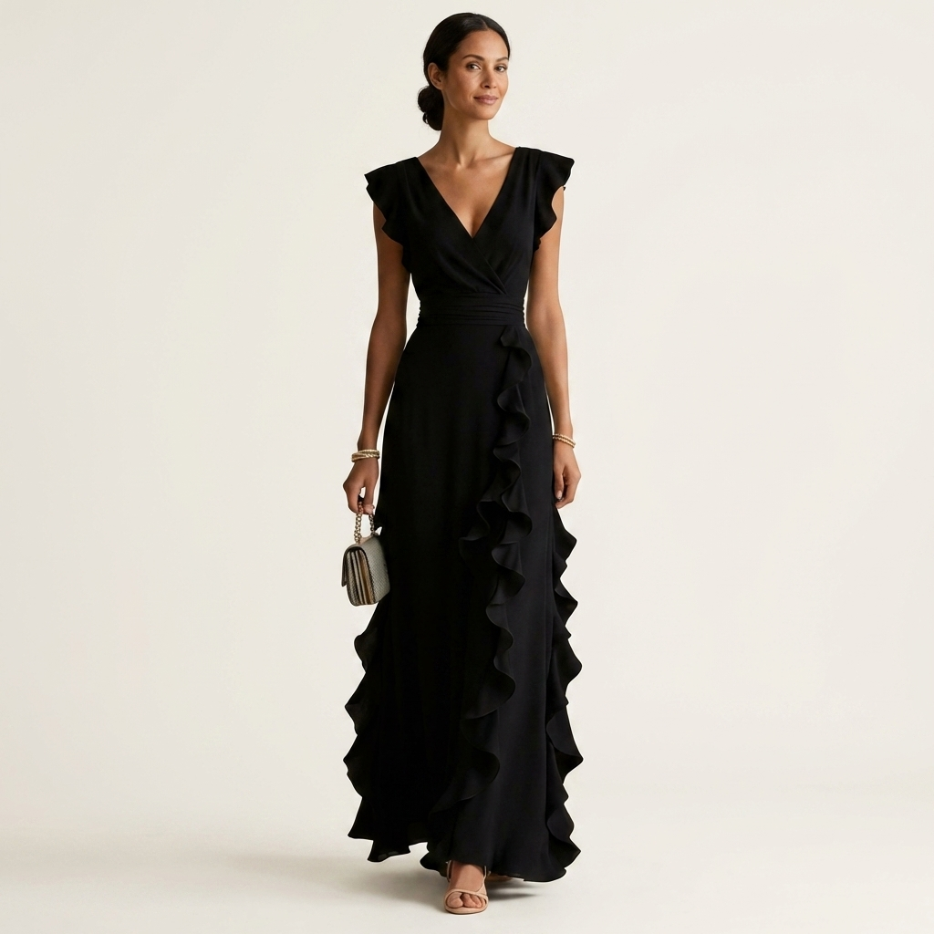 Wrap V-Neck Flutter Sleeve Cascading Ruffle Maxi Dress