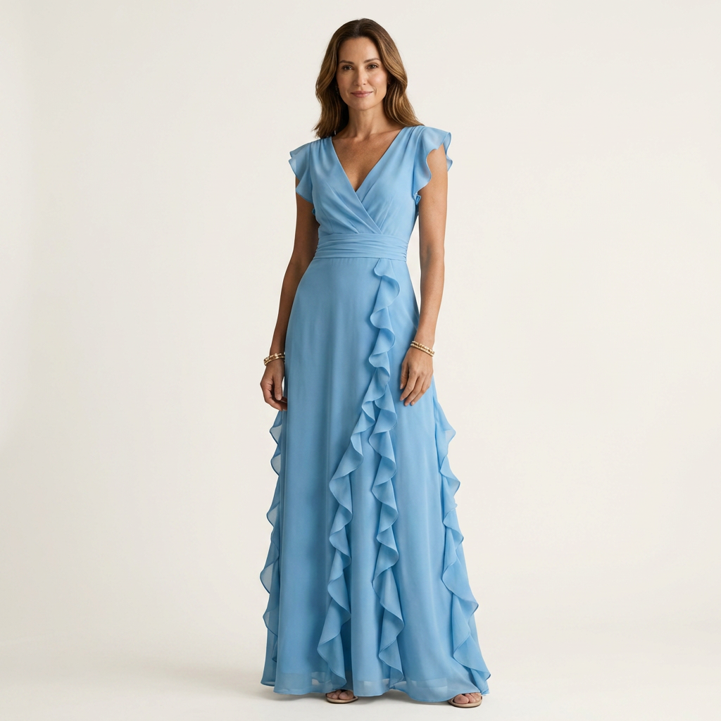 Wrap V-Neck Flutter Sleeve Cascading Ruffle Maxi Dress