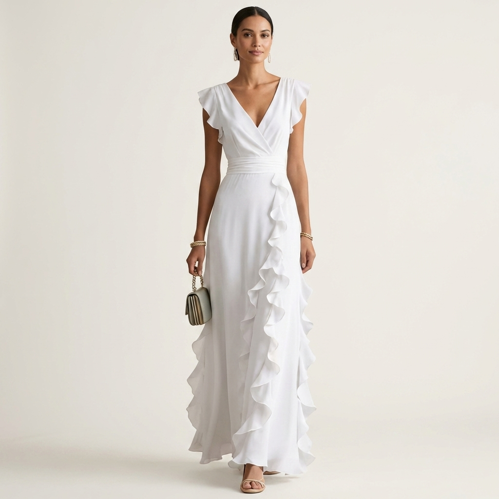 Wrap V-Neck Flutter Sleeve Cascading Ruffle Maxi Dress
