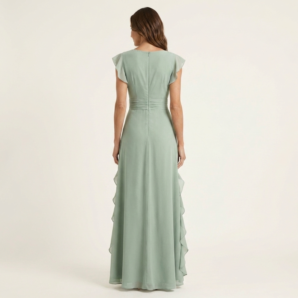 Wrap V-Neck Flutter Sleeve Cascading Ruffle Maxi Dress