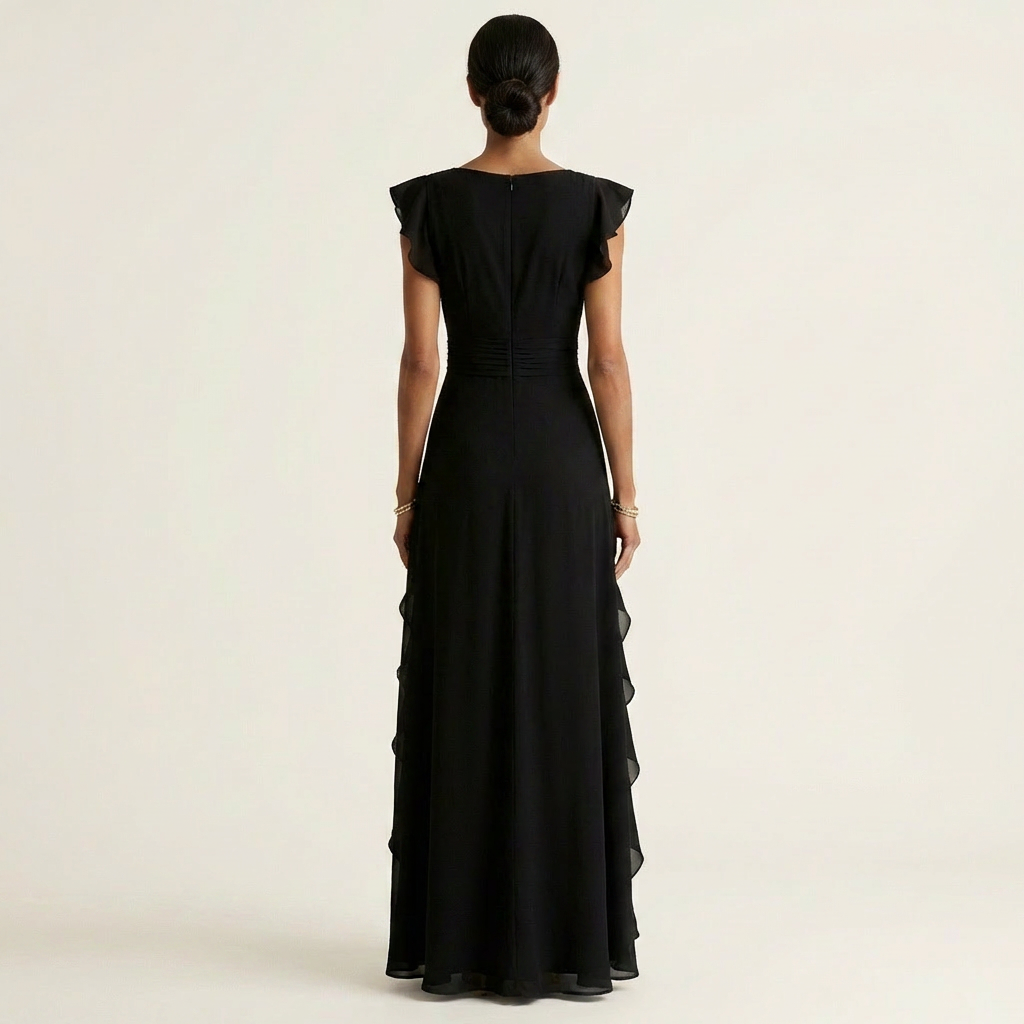 Wrap V-Neck Flutter Sleeve Cascading Ruffle Maxi Dress