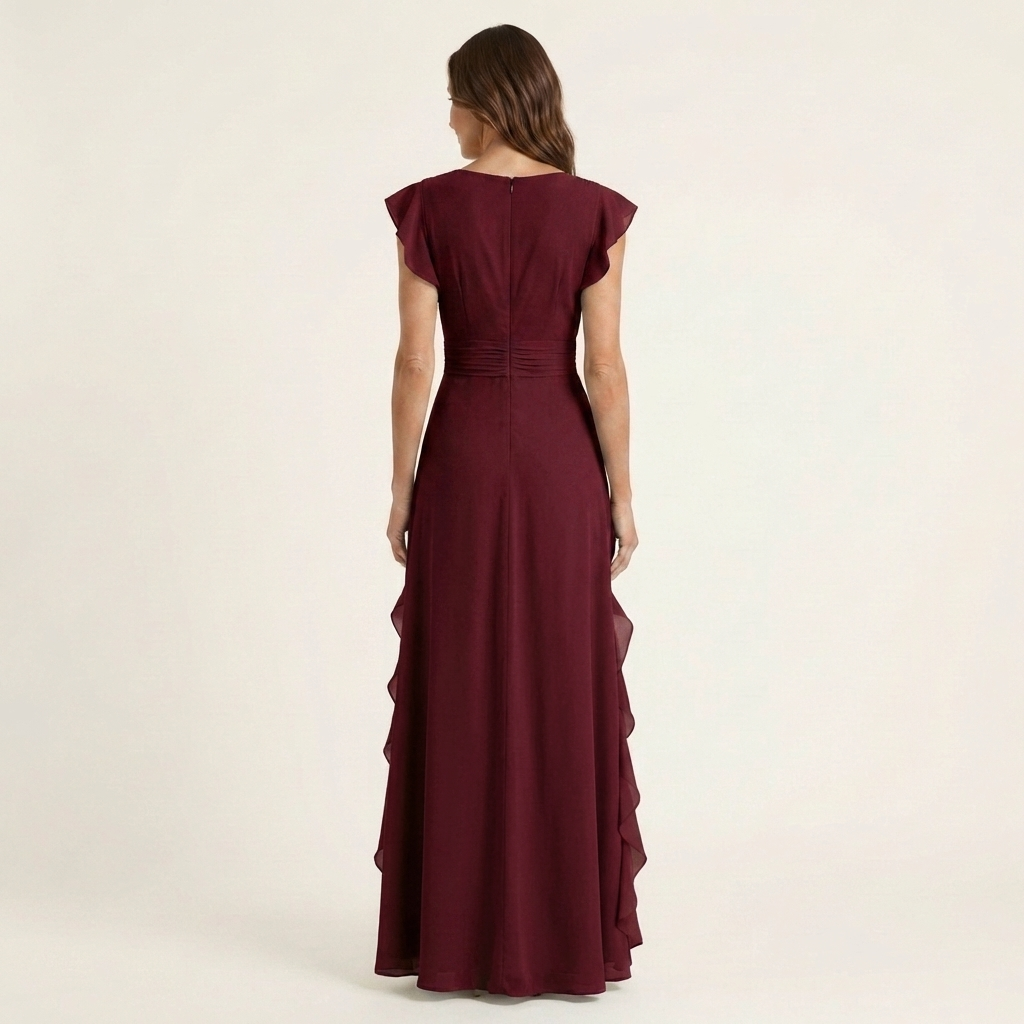 Wrap V-Neck Flutter Sleeve Cascading Ruffle Maxi Dress