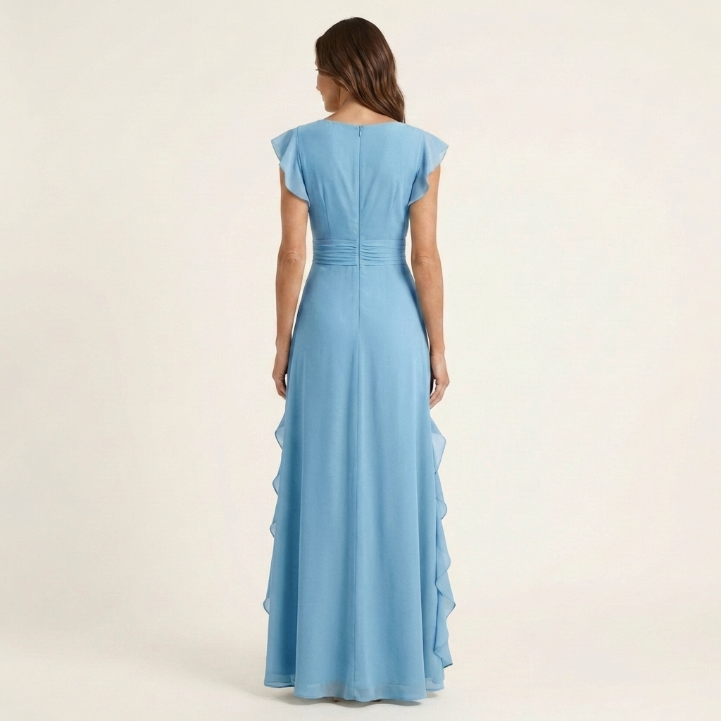 Wrap V-Neck Flutter Sleeve Cascading Ruffle Maxi Dress