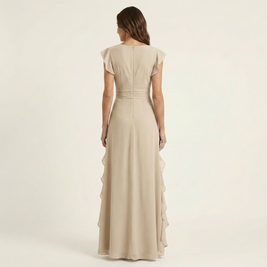 Wrap V-Neck Flutter Sleeve Cascading Ruffle Maxi Dress