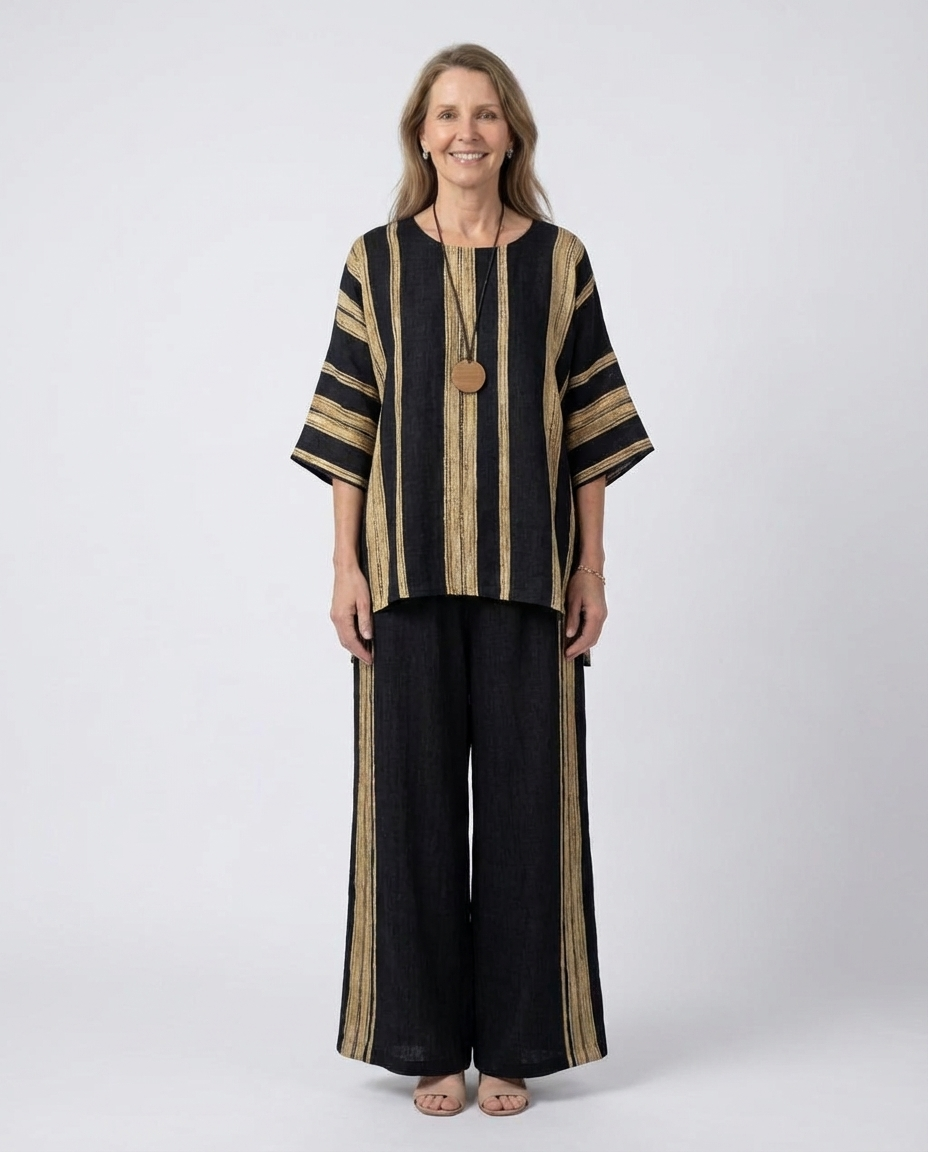 Striped Short Sleeve Top and Wide Leg Pants Two Piece Set