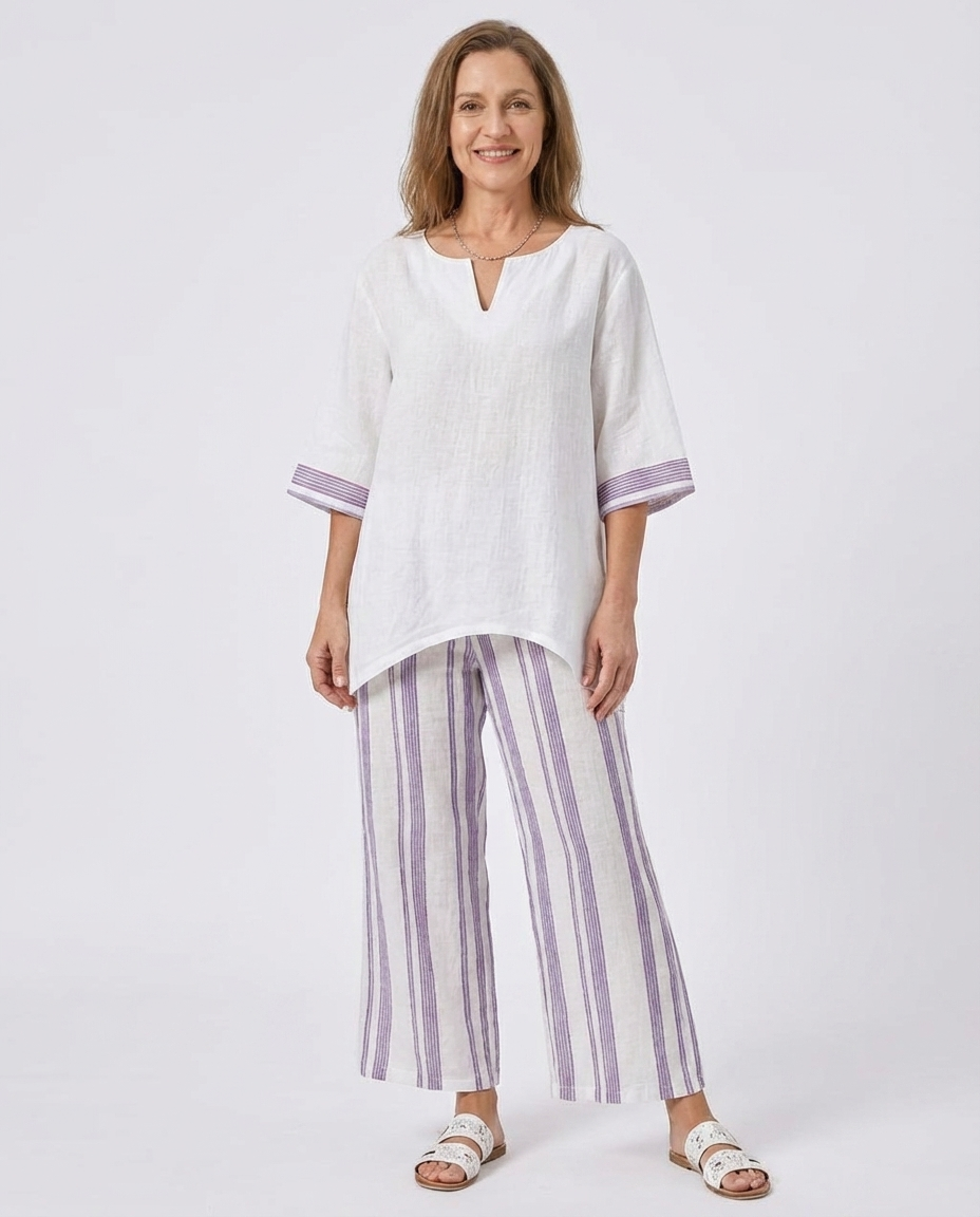 Notch Neck Top and Striped Wide Leg Pants Two Piece Set
