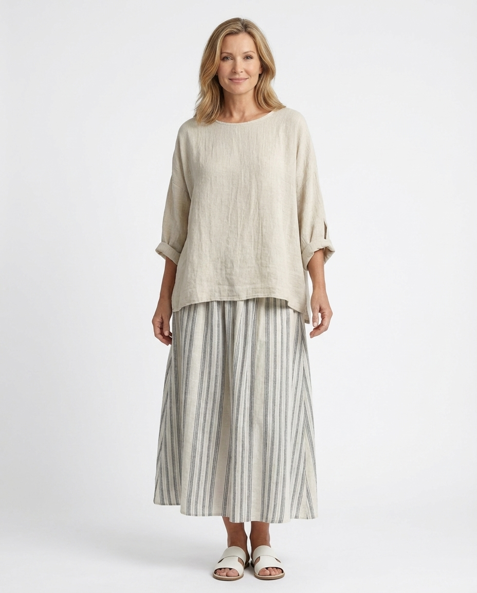 Round Neck Boxy Top and Striped Midi Skirt Two Piece Set