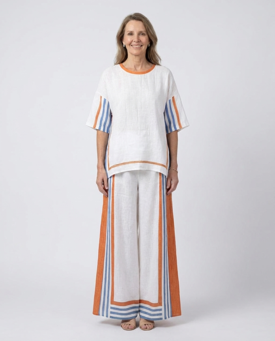 Round Neck Short Sleeve Top and Striped Wide Leg Pants Two Piece Set