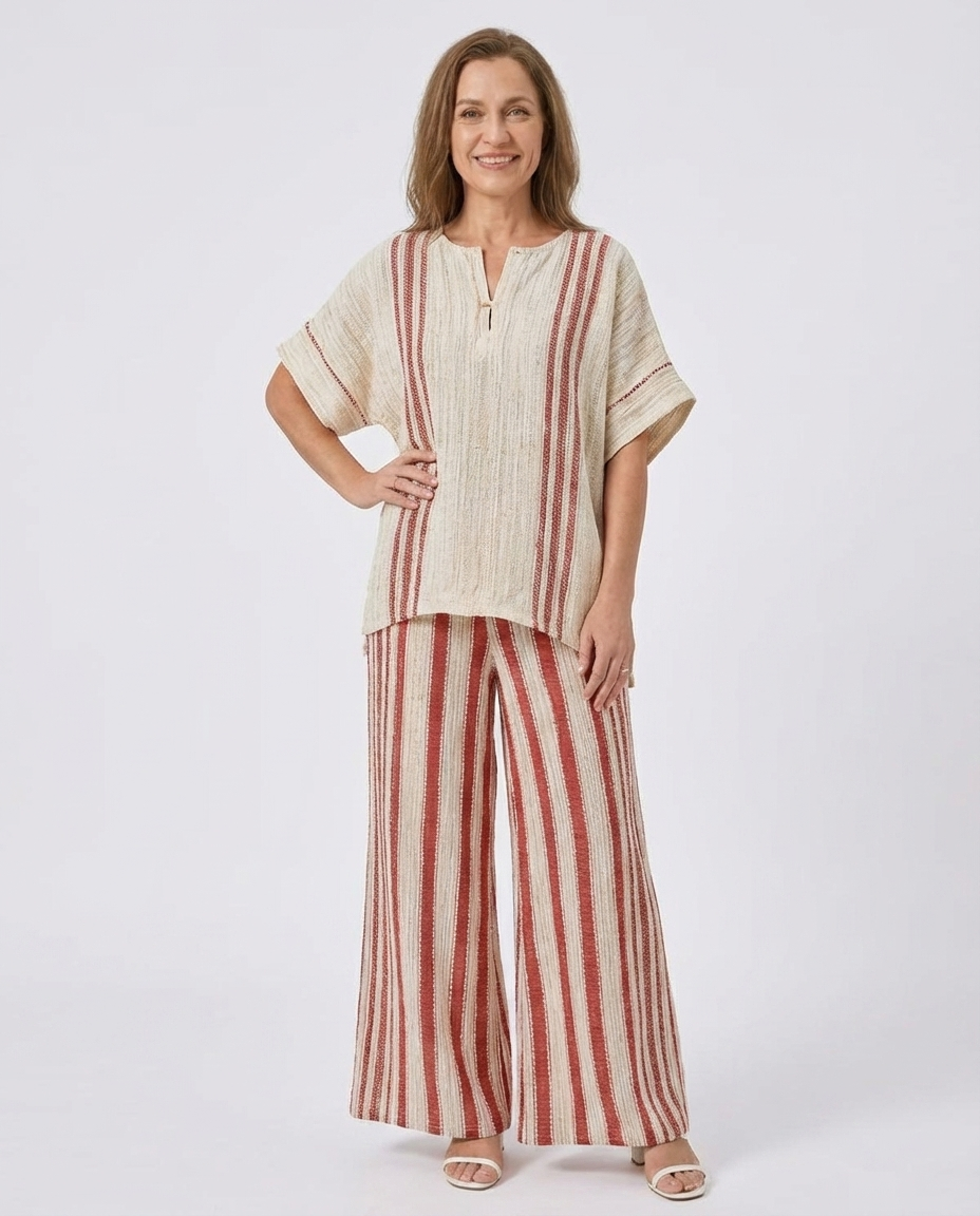 Striped Short Sleeve Top and Wide Leg Pants Two Piece Set