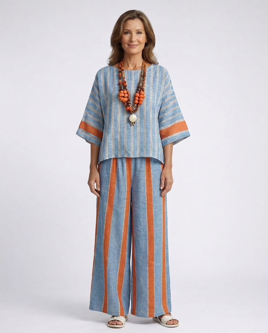 Striped Boxy Top and Wide Leg Pants Two Piece Set