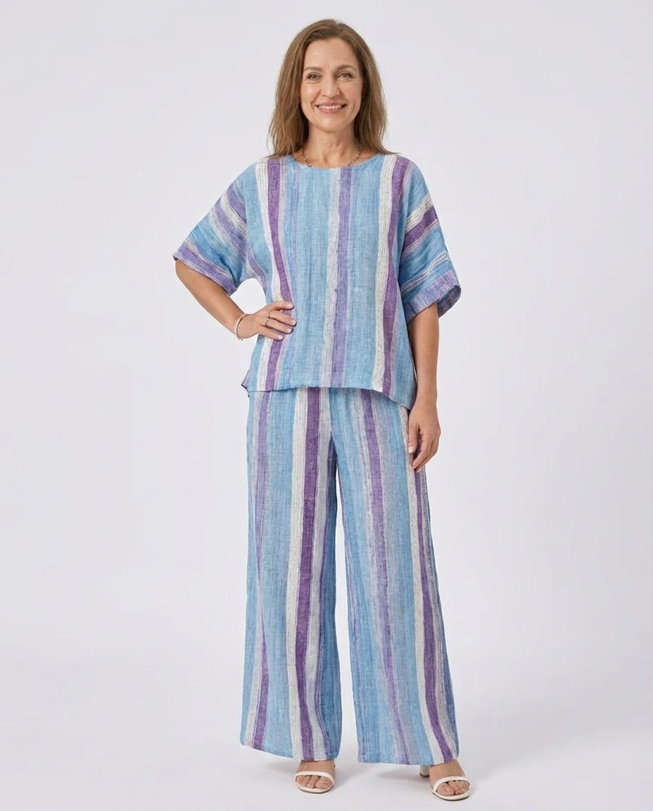 Striped Short Sleeve Top and Wide Leg Pants Two Piece Set
