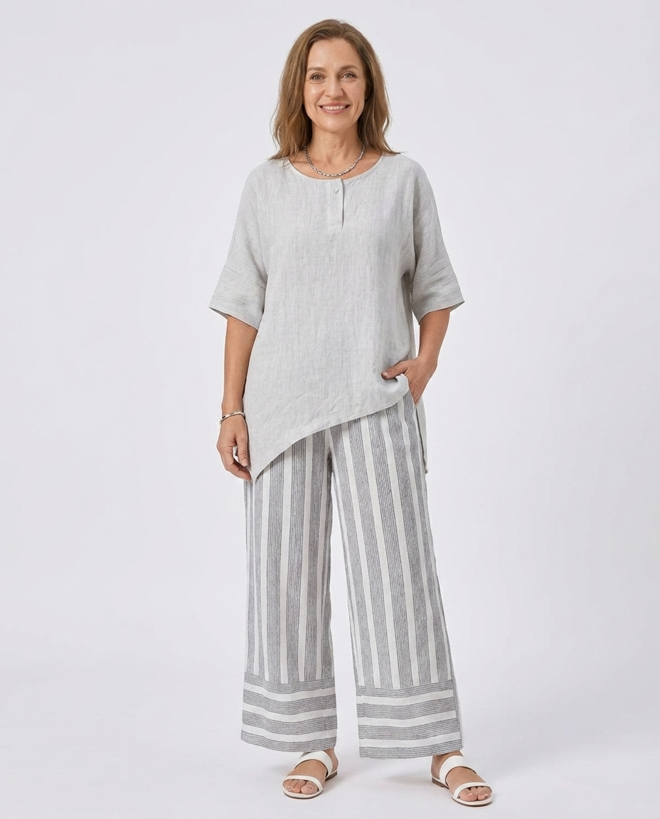 Short Sleeve Asymmetric Hem Top and Striped Wide Leg Pants Two Piece Set