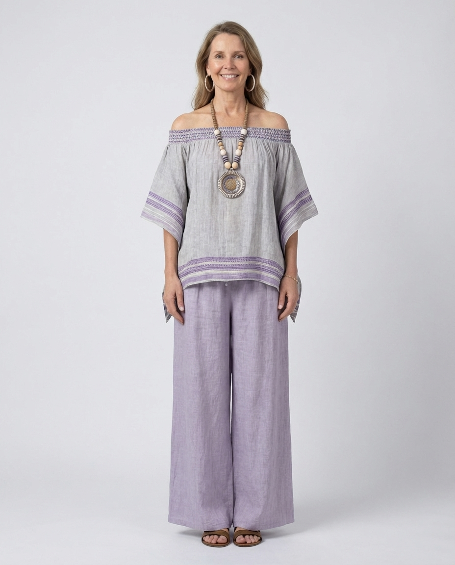 Off Shoulder Embroidered Trim Top and Wide Leg Pants Two Piece Set