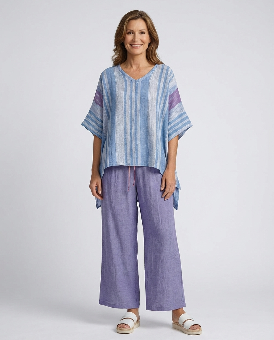 Striped V-Neck Short Sleeve Top and Wide Leg Pants Two Piece Set