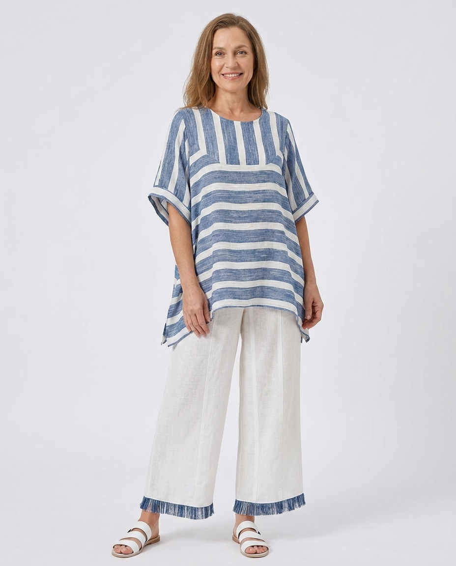 Striped Short Sleeve Top and Fringe Hem Wide Leg Pants Two Piece Set
