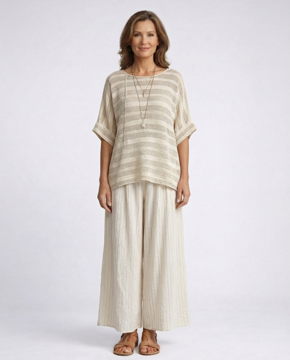 Striped Short Sleeve Open Knit Boxy Top