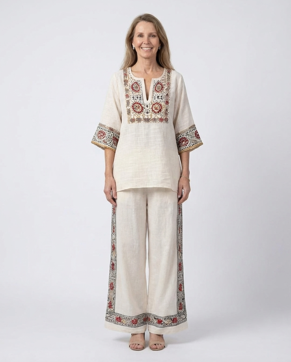 Embroidered Trim V-Neck Tunic Top and Wide Leg Pants Two Piece Set
