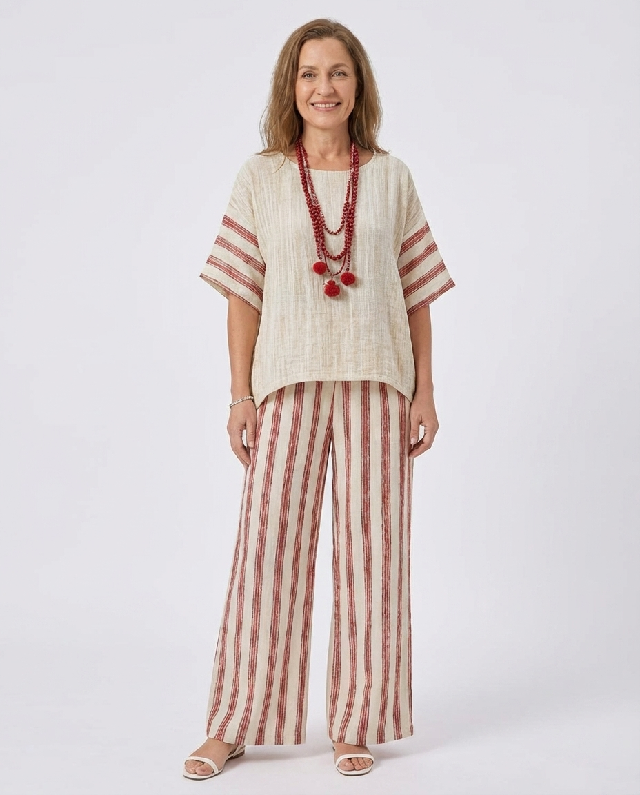 Braelith | Elegant Rustic Striped Top & Cream Linen Pants