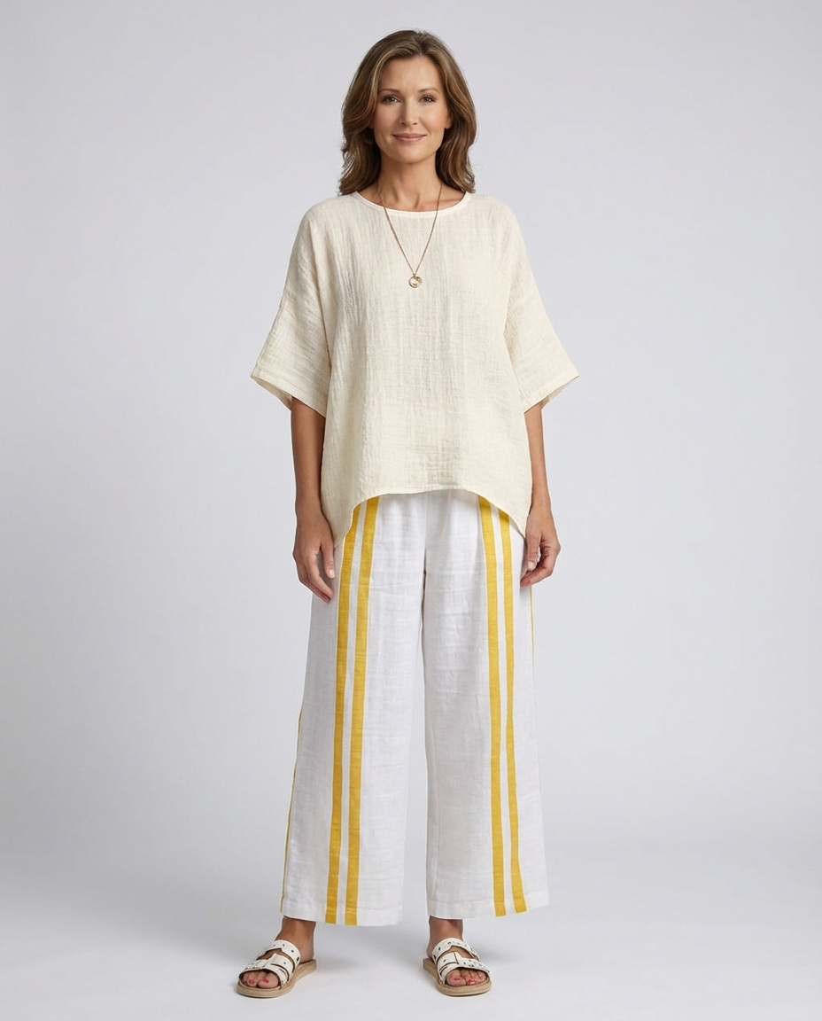 Anselor | Elegant Yellow Striped Linen Top & Wide-Leg Pants