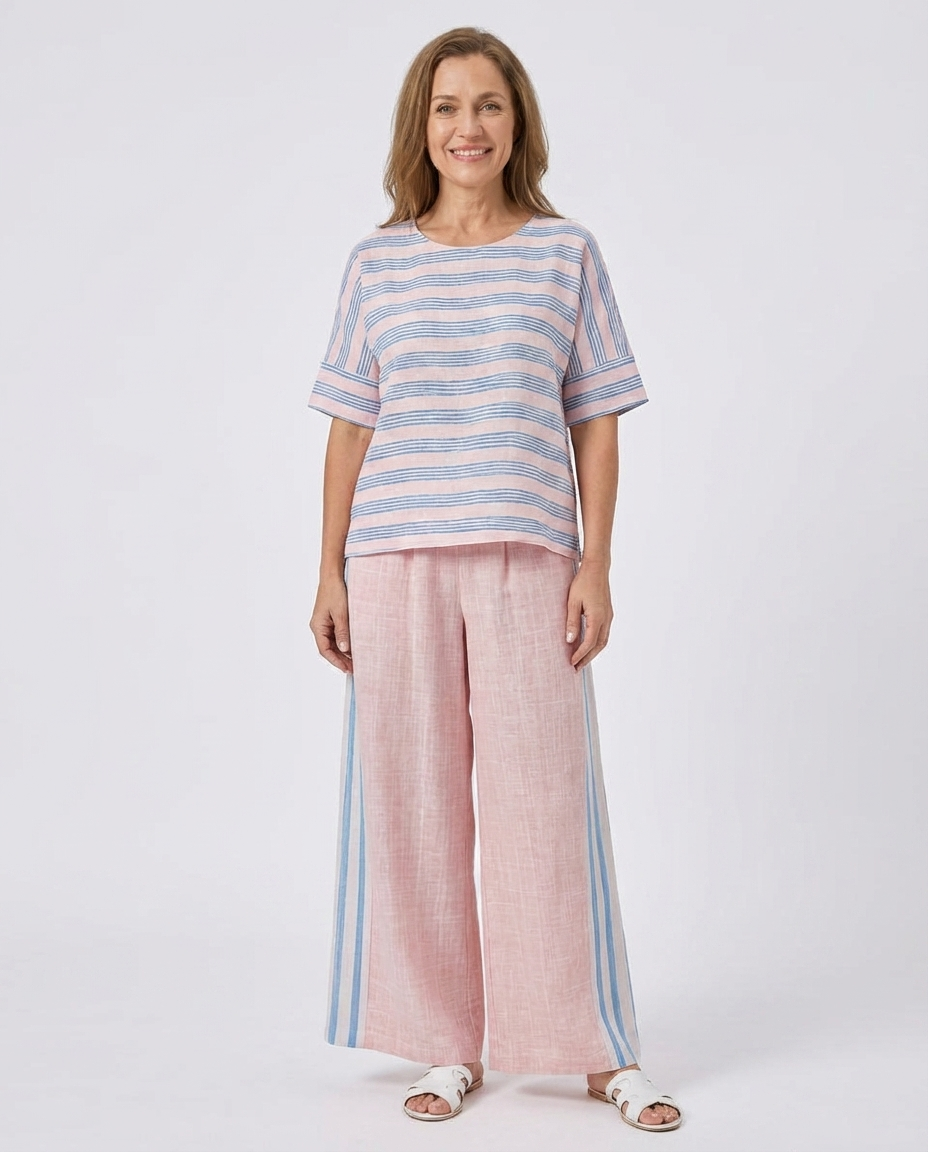 Striped Short Sleeve Top and Wide Leg Pants Two Piece Set