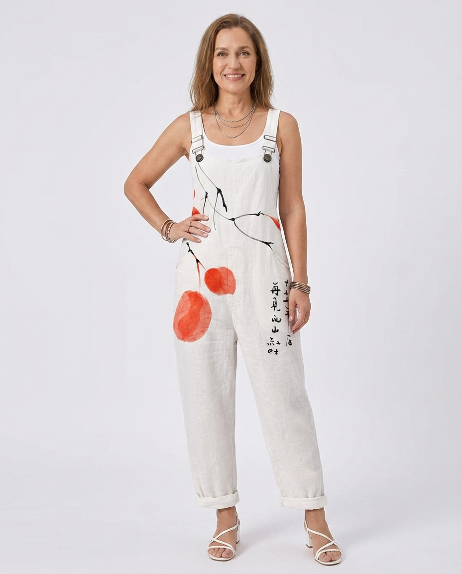 Fruit Print Sleeveless Wide Leg Dungaree Jumpsuit