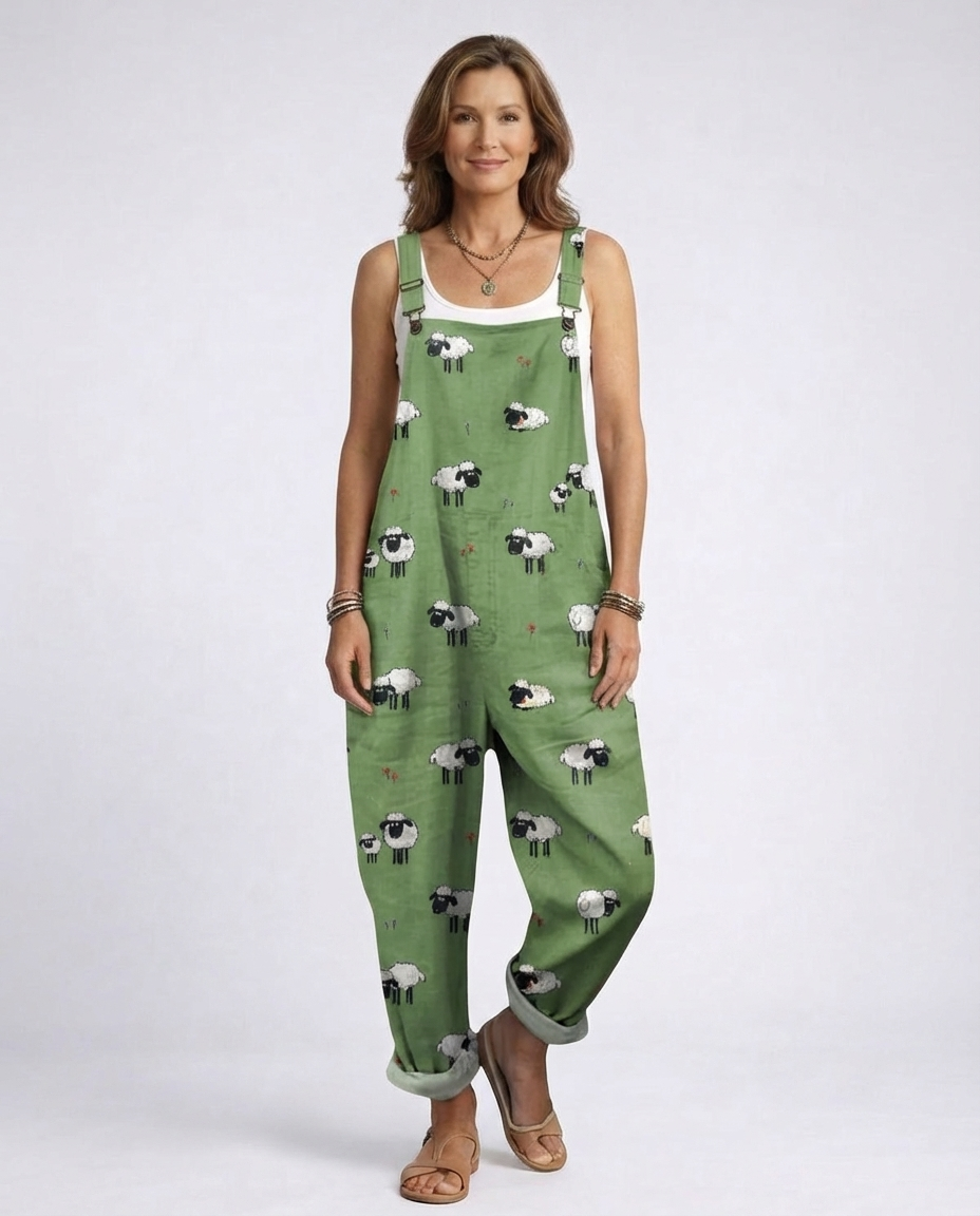 Sheep Print Sleeveless Wide Leg Dungaree Jumpsuit