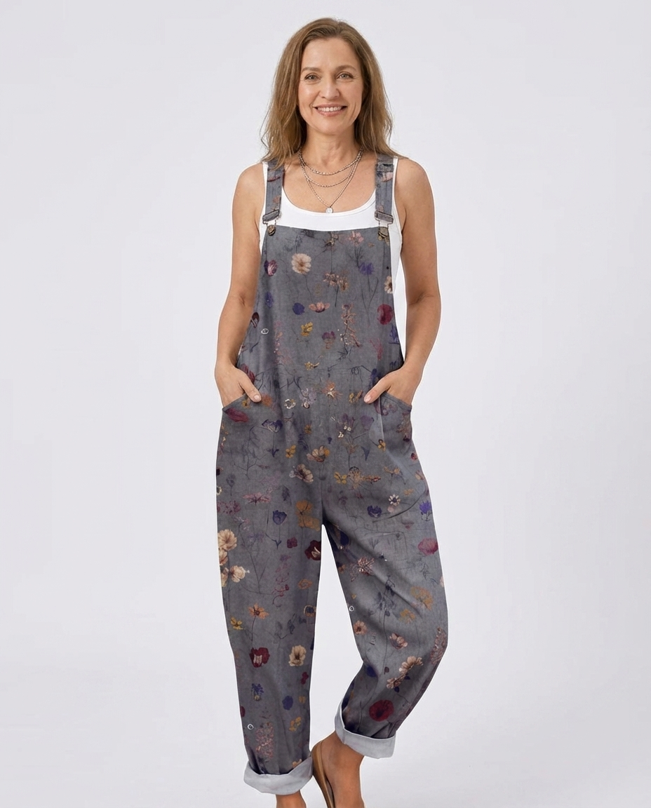 Floral Print Wide Leg Overall Jumpsuit