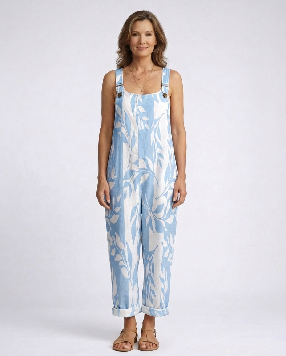 Leaf Print Sleeveless Wide Leg Overall Jumpsuit