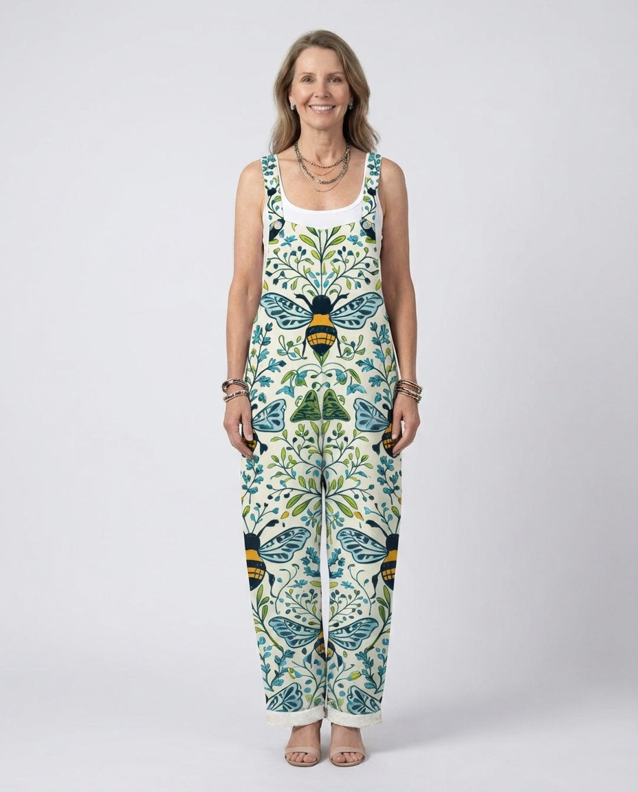 Bee Floral Print Scoop Neck Wide Leg Jumpsuit