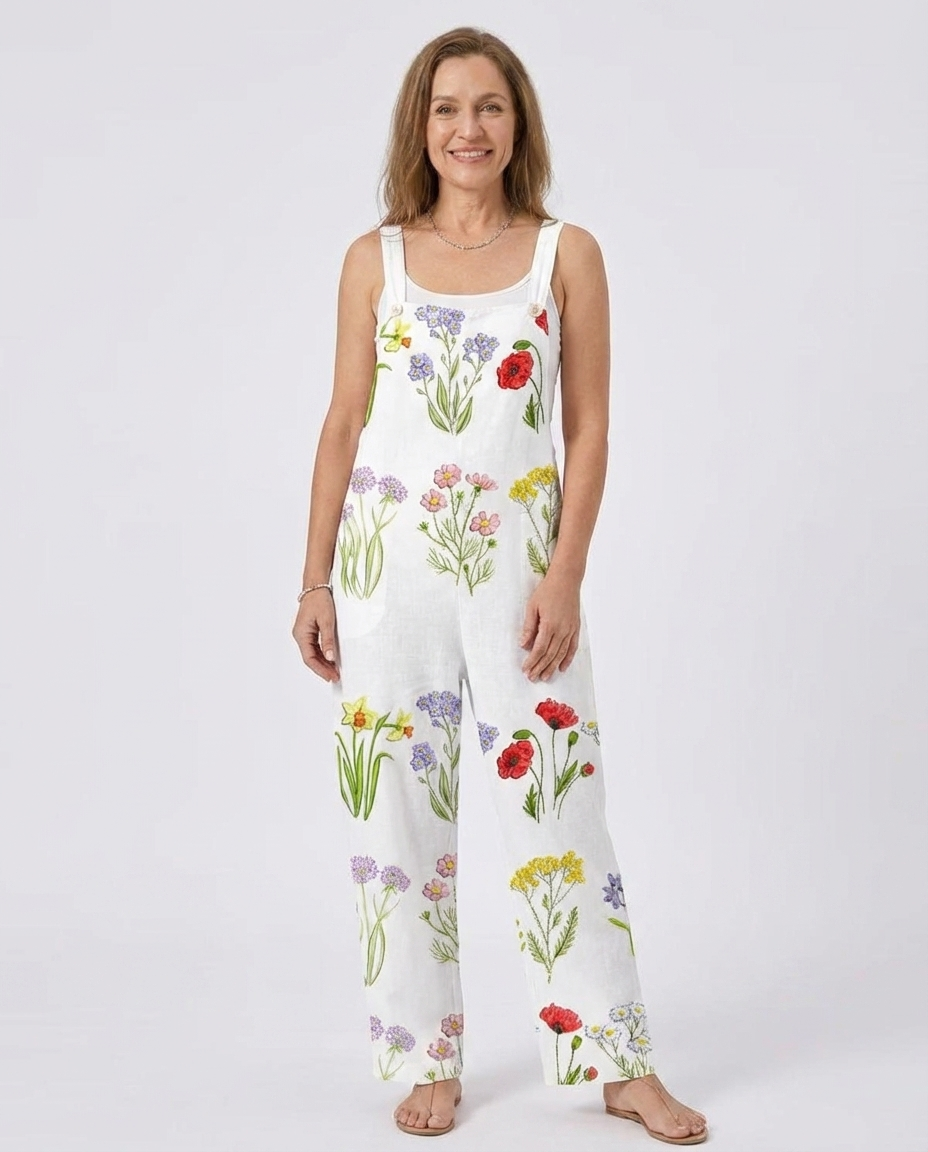 Botanical Floral Print Wide Leg Overall Jumpsuit