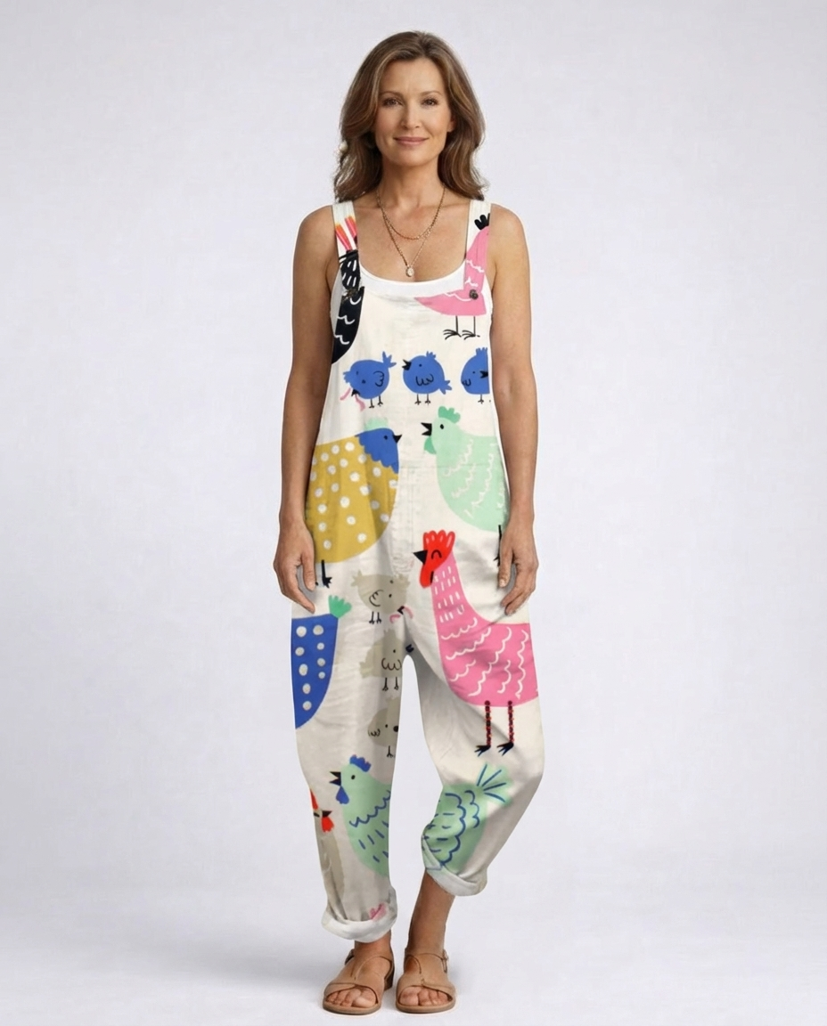 Chicken Print Sleeveless Cuffed Overall Jumpsuit