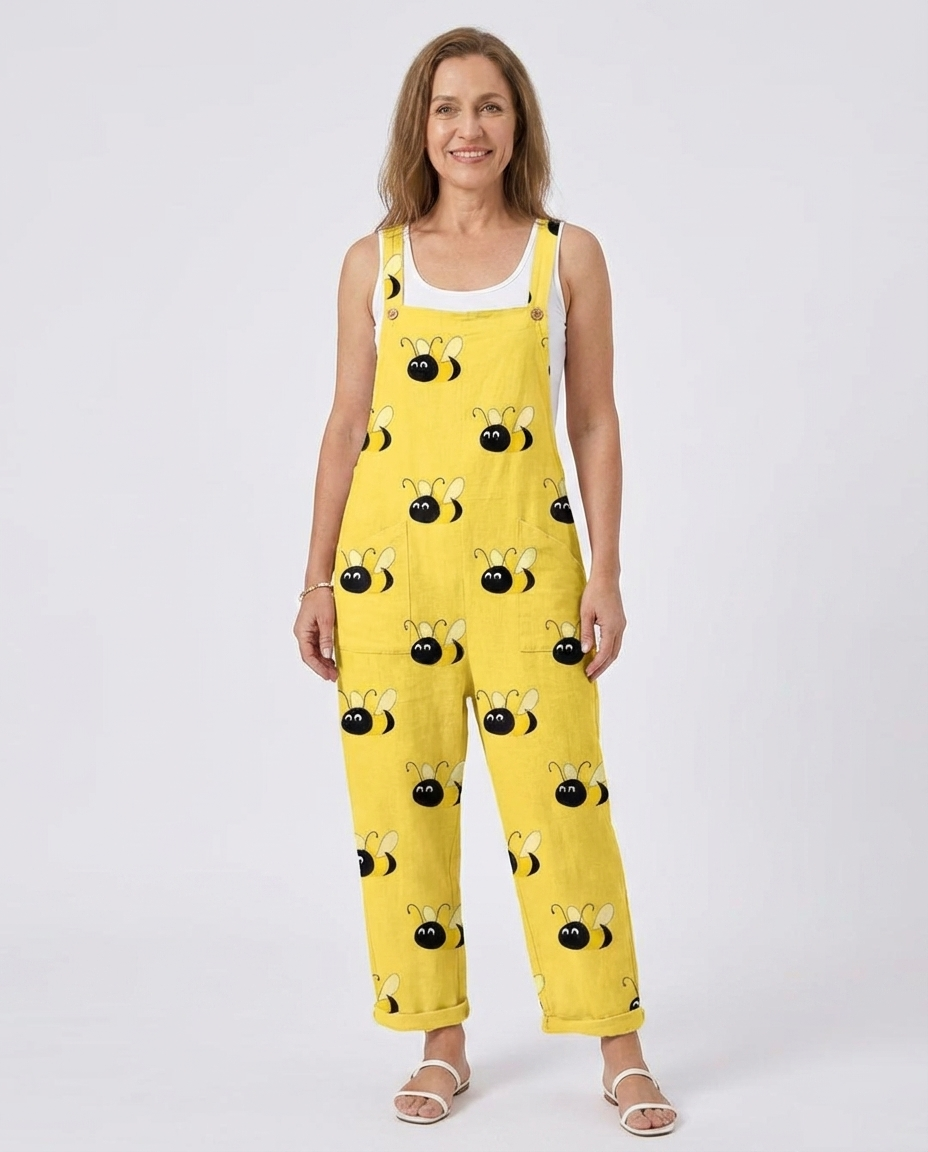 Bee Print Wide Leg Dungaree Overalls