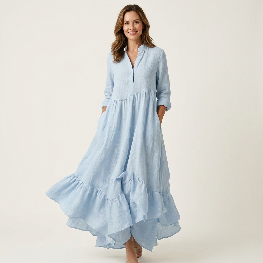 Stand Collar Long Sleeve Button Front Ruffle Hem Maxi Dress